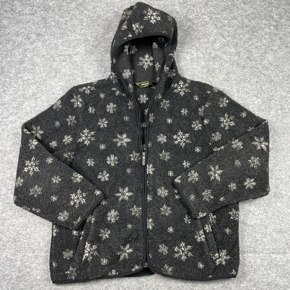 Eddie Bauer Fleece Hoodie Womens L Gray Snowflake Full Zip Sherpa Winter Jacket